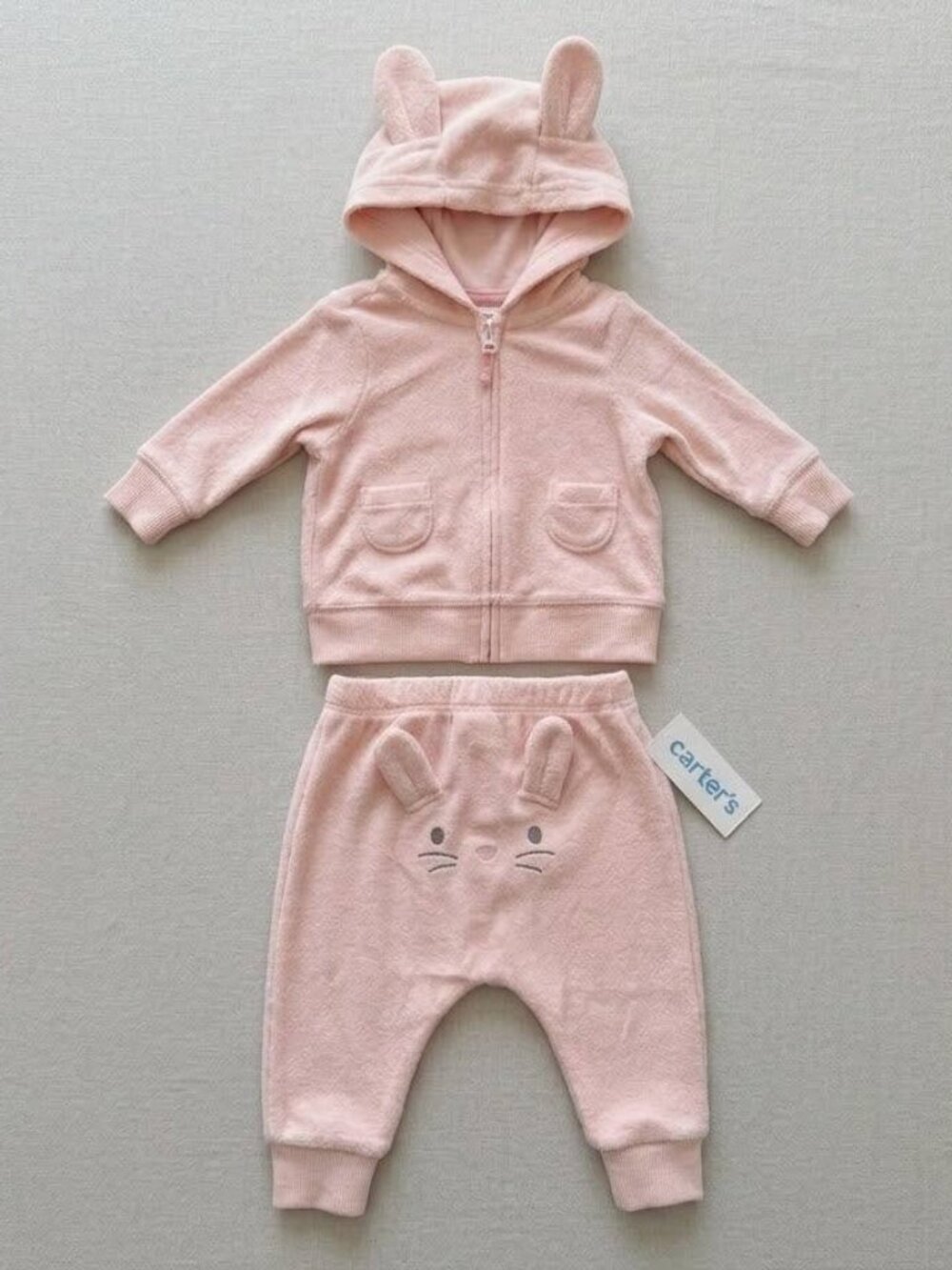 Carters Baby Girl 3M 2pc Bunny Set Pink Terry Zip Hoodie Ears Pants NWT